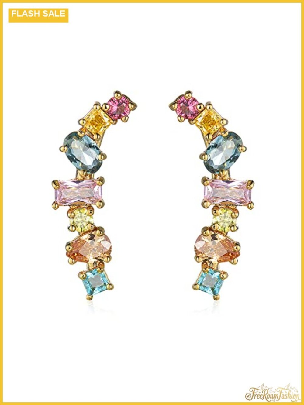 Colorful Crystal Climber Earrings for Women, Cubic Zirconia, Copper,
